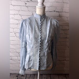 Fashion Nova Elegant Lace Button-Up Blouse - Light blue size small